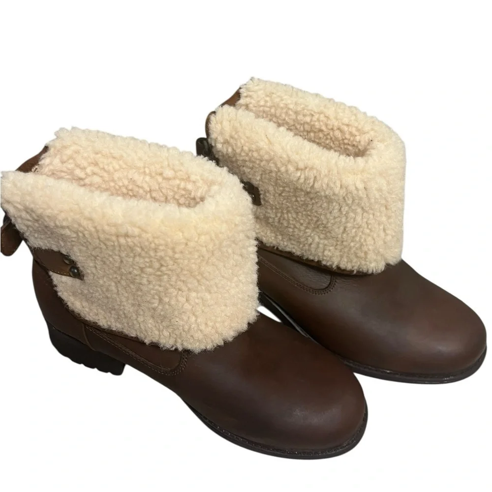 UGG Tan Leather Shearling Cuff Winter Ankle Boots Size 7